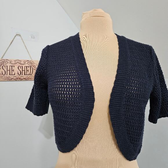 Vicki Wayne Navy Blue Cropped Cocoon Knit Open Shrug Cardigan Size Small - Picture 6 of 10